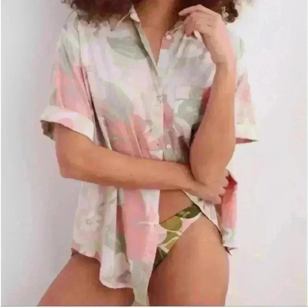 Aerie Button Down Short Sleeve Oversized Floral Resort Top Shirt Size S/P